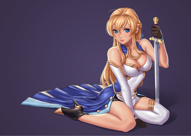 Blonde Woman with Sword — Blue, Confident