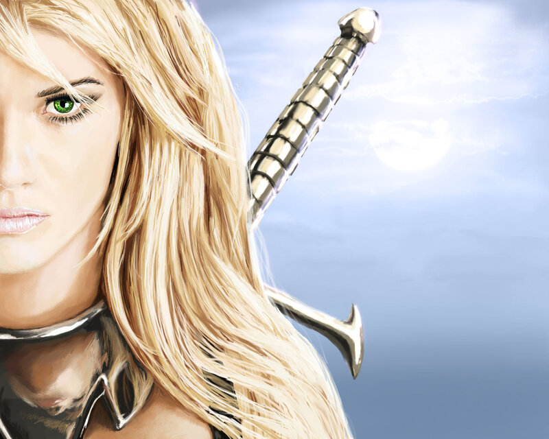 Blonde Woman with Sword — Blue, Dramatic, Afternoon