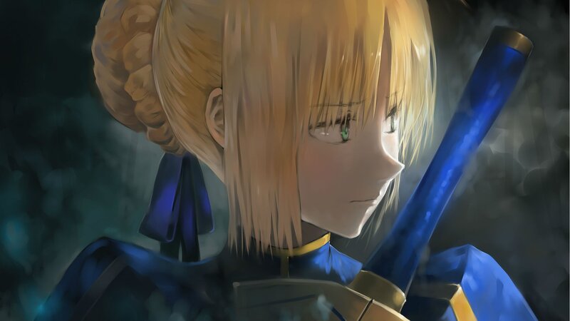 Blonde Woman with Sword — Blue, Dramatic, Anime, Armor, Blue Bow