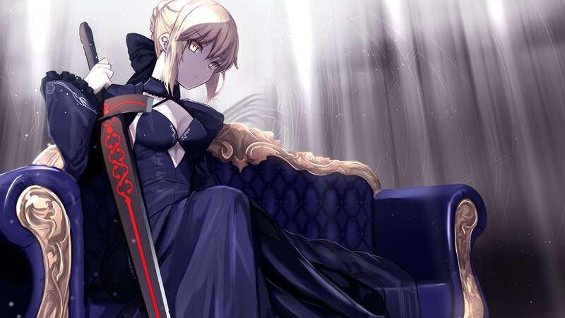 Blonde Woman with Sword — Blue, Dramatic, Anime, Couch