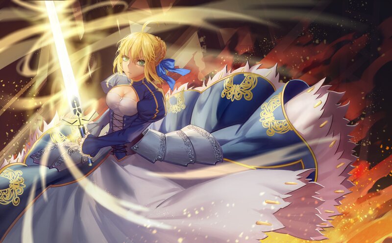 Blonde Woman with Sword — Blue, Dramatic, Anime, Fire