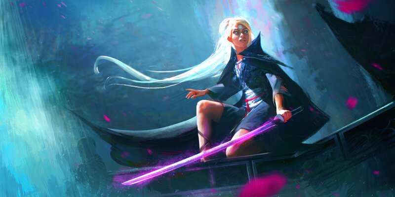 Blonde Woman with Sword — Blue, Dramatic, Digital Art, Cloak