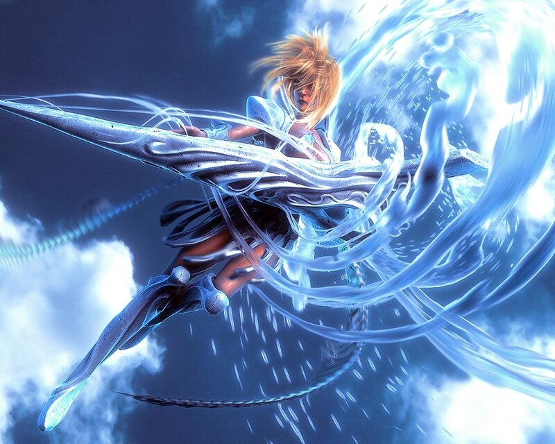 Blonde Woman with Sword — Blue, Dramatic, Digital Art, Clouds