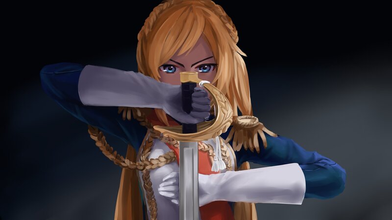Blonde Woman with Sword — Blue, Dramatic, Digital Art, Gloves