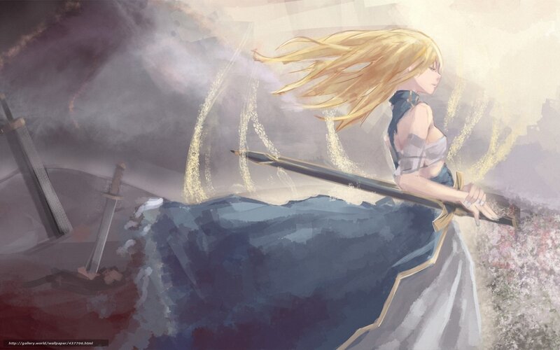 Blonde Woman with Sword — Blue, Dramatic, Digital Art, Smoke