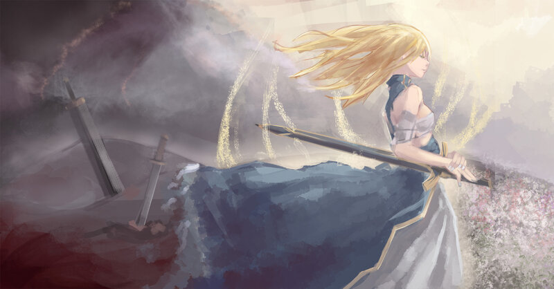 Blonde Woman with Sword — Blue, Dramatic, Digital Art