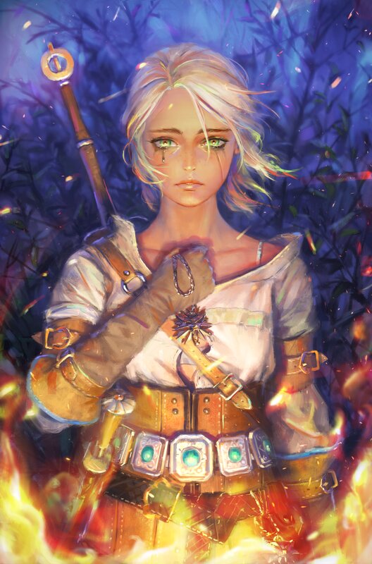 Blonde Woman with Sword — Blue, Dramatic, Night, Digital Art, Fire