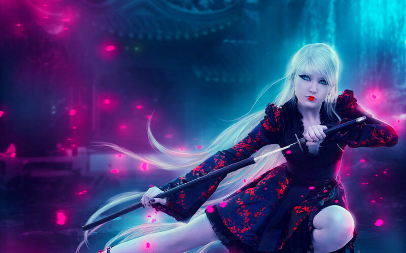 Blonde Woman with Sword — Blue, Dramatic, Night, Digital Art, Long Hair