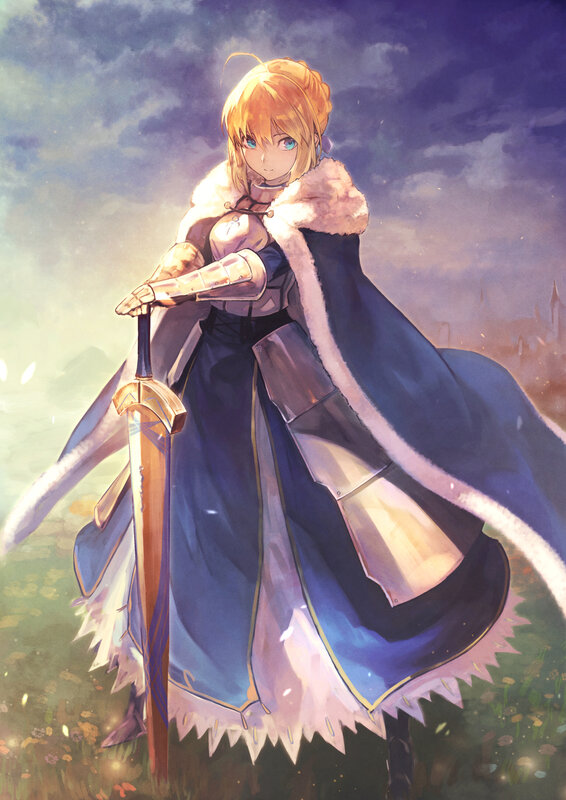 Blonde Woman with Sword — Blue, Dramatic, Sunset, Anime, Cape