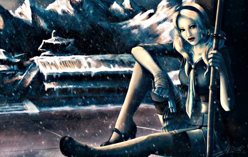 Blonde Woman with Sword — Blue, Dramatic, Winter, Digital Art, Snow