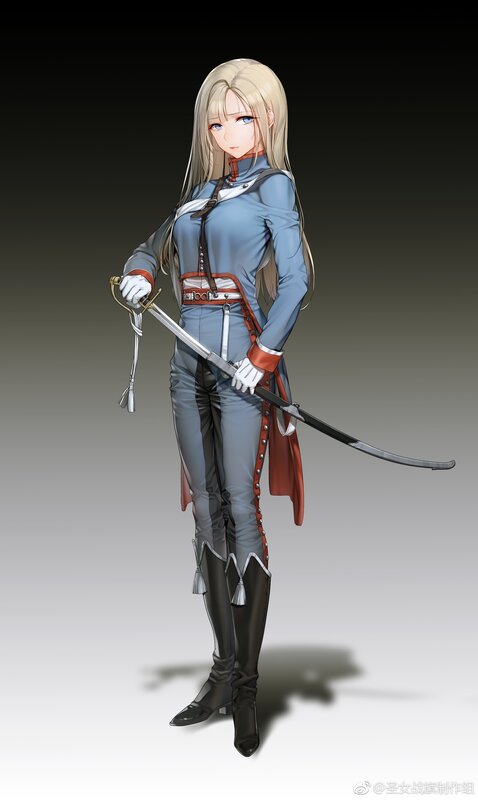 Blonde Woman with Sword — Blue, Serious