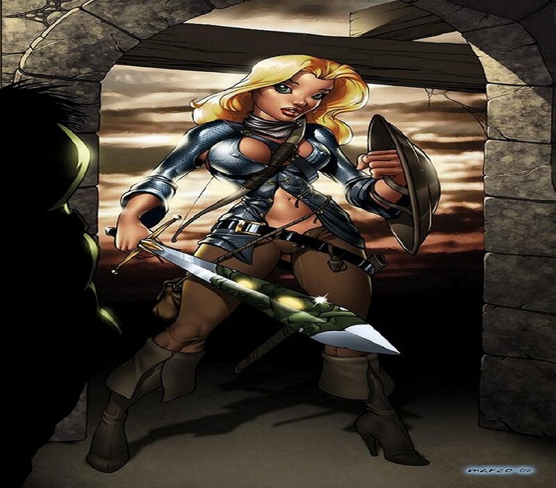 Blonde Woman with Sword — Brown, Dramatic, Sunset