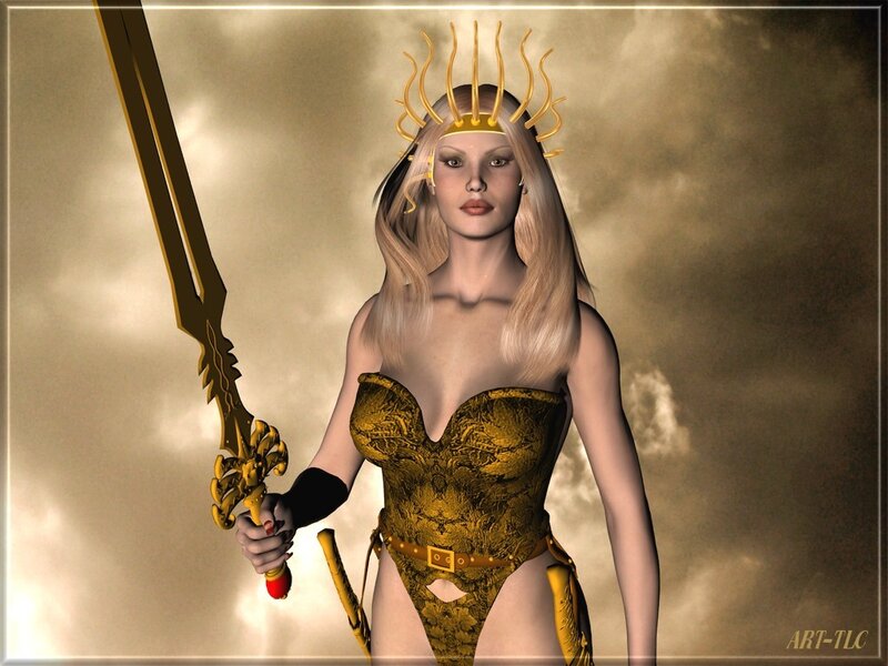 Blonde Woman with Sword — Gold, Dramatic, 3d Render