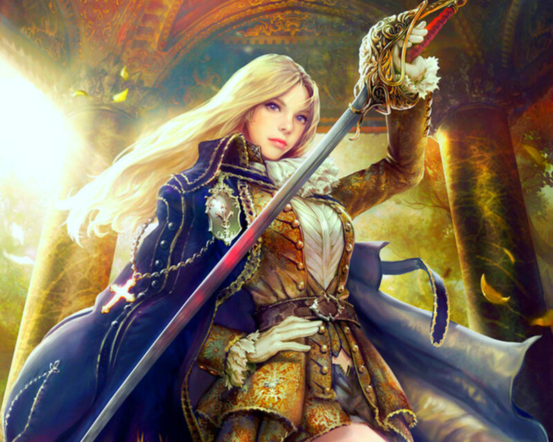 Blonde Woman with Sword — Gold, Dramatic, Afternoon