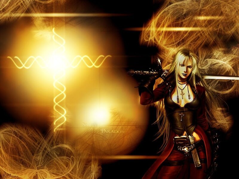 Blonde Woman with Sword — Gold, Dramatic, Digital Art, Cross Symbol