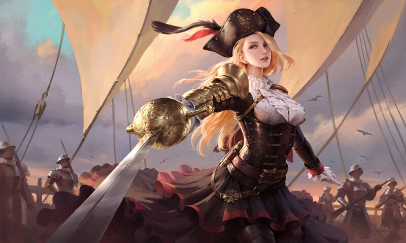 Blonde Woman with Sword — Gold, Dramatic, Sunset