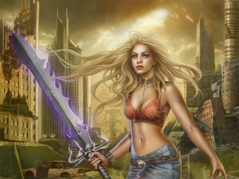 Blonde Woman with Sword — Gold, Dramatic