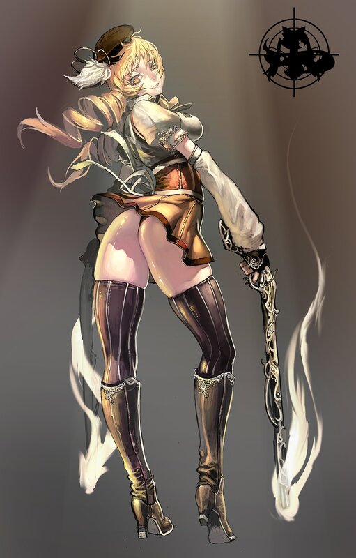 Blonde Woman with Sword — Gray, Dramatic, Digital Art, Hat
