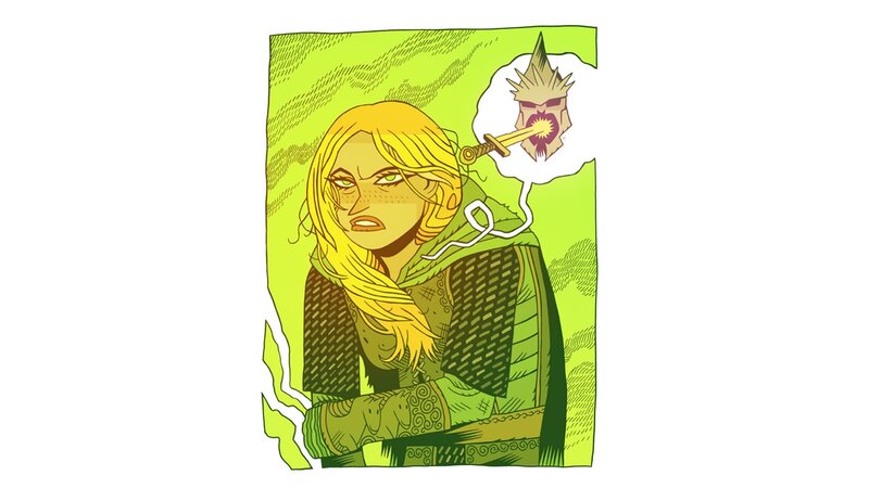 Blonde Woman with Sword — Green, Dramatic, Comic