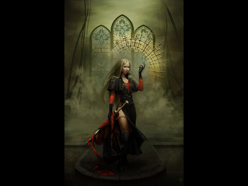 Blonde woman with sword in cathedral
