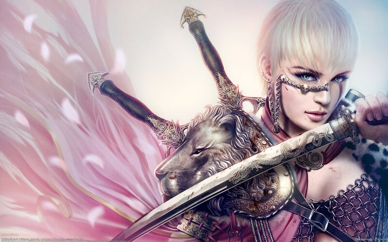 Blonde Woman with Sword — Pink, Dramatic, Digital Art
