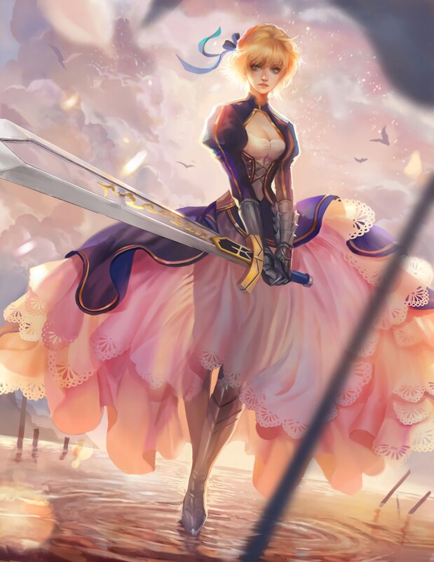 Blonde Woman with Sword — Pink, Dramatic, Sunset