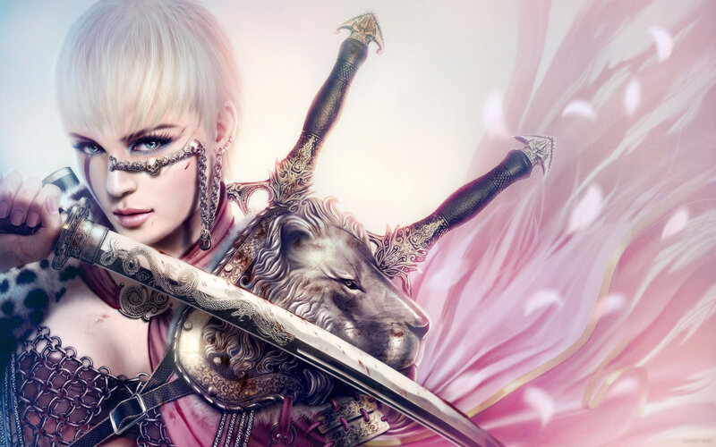 Blonde Woman with Sword — Pink, Dramatic