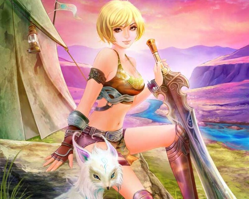 Blonde Woman with Sword — Pink
