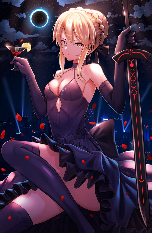 Blonde Woman with Sword — Purple, Dramatic, Night, Anime