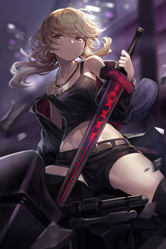 Blonde Woman with Sword — Purple, Dramatic, Night