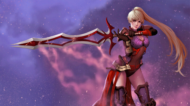 Blonde Woman with Sword — Purple, Dramatic