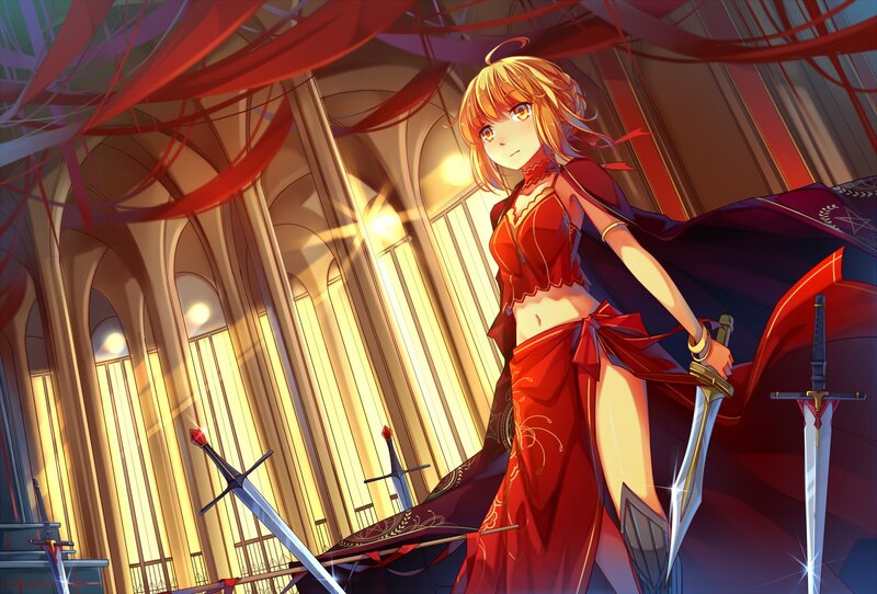 Blonde Woman with Sword — Red, Dramatic, Afternoon