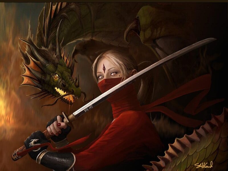 Blonde Woman with Sword — Red, Dramatic, Digital Art, Dragon, Mask