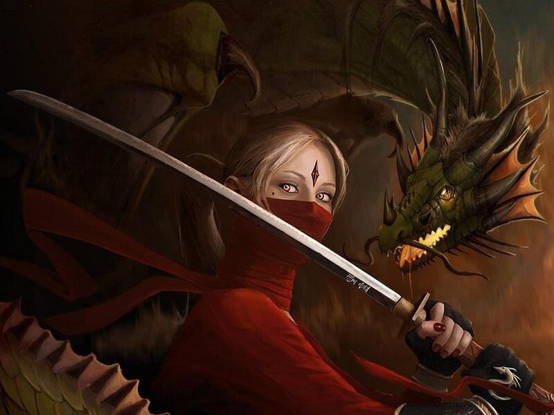 Blonde Woman with Sword — Red, Dramatic, Digital Art