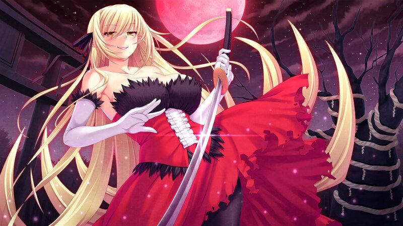 Blonde Woman with Sword — Red, Dramatic, Night, Anime, Red Dress