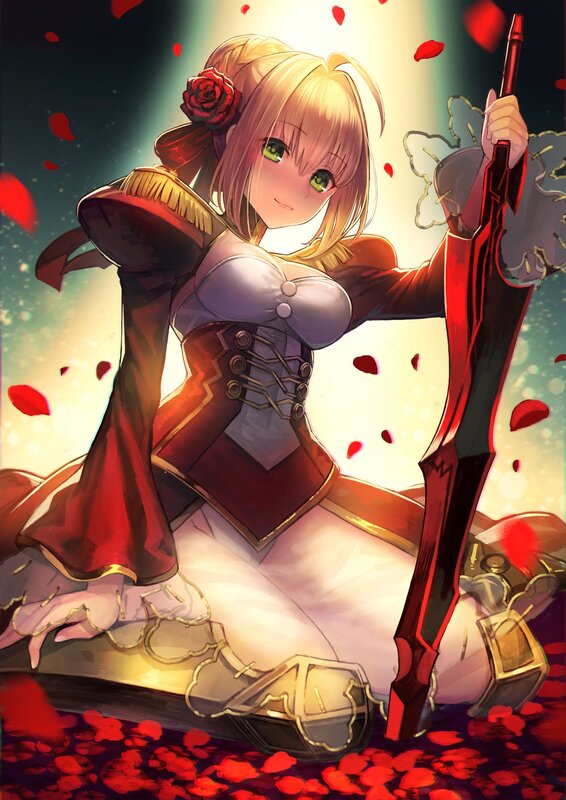 Blonde Woman with Sword — Red, Dramatic, Night, Anime, Rose Petals, Corset