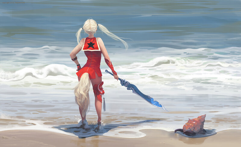 Blonde Woman with Sword — Red, Serene