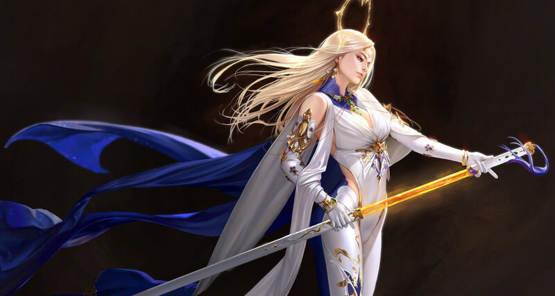 Blonde Woman with Sword — White, Dramatic, Digital Art, Cape