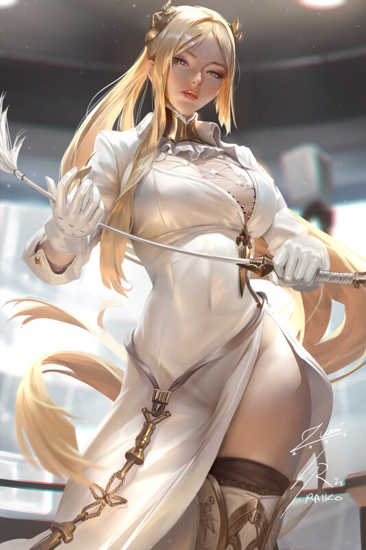 Blonde Woman with Sword — White, Dramatic, Digital Art, Gloves, Dress