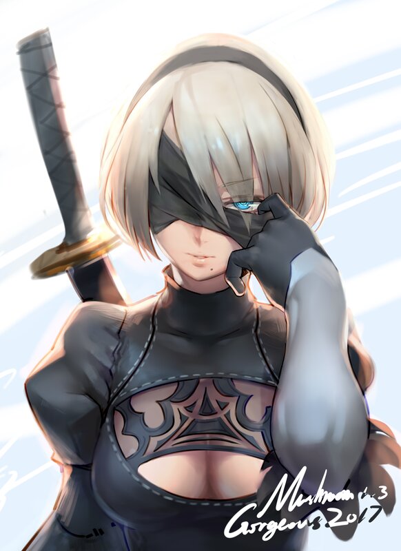 Blonde Woman with Sword — White, Dramatic, Digital Art, Mask