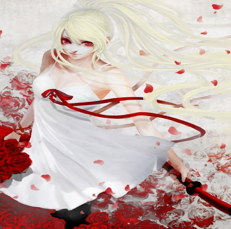 Blonde Woman with Sword — White, Dramatic, Digital Art, Roses