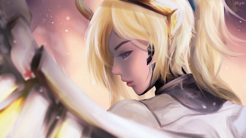 Blonde Woman with Sword — White, Dramatic, Sunset, Digital Art