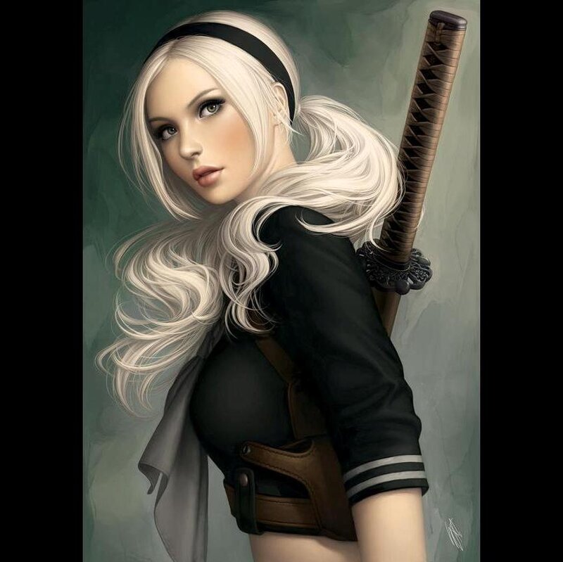 Blonde Woman with Sword — White, Dramatic