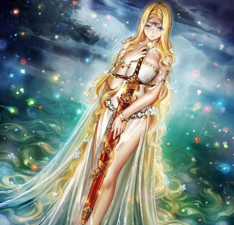 Blonde Woman with Sword — White, Serene