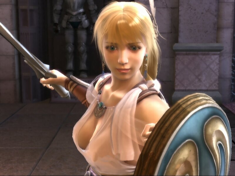 Blonde Woman with Sword — White, Serious