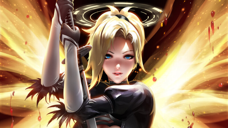 Blonde Woman with Sword — Yellow, Dramatic, Digital Art