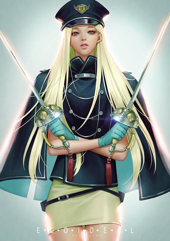 Blonde Woman with Swords — Black, Dramatic, Digital Art