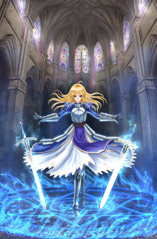 Blonde Woman with Swords — Blue, Dramatic, Digital Art, Magic Circle