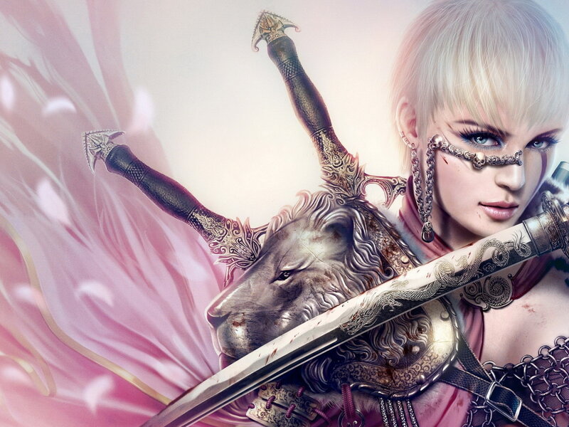 Blonde Woman with Swords — Pink, Dramatic, Digital Art, Lion Head, Chain Jewelry