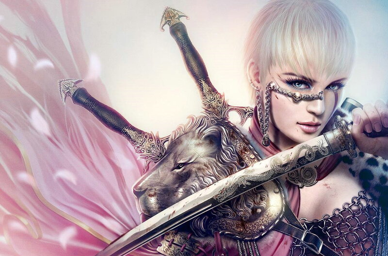 Blonde Woman with Swords — Pink, Dramatic, Digital Art